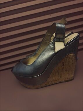 Guess Metallic Pewter Peep-Toe Slingback Wedges